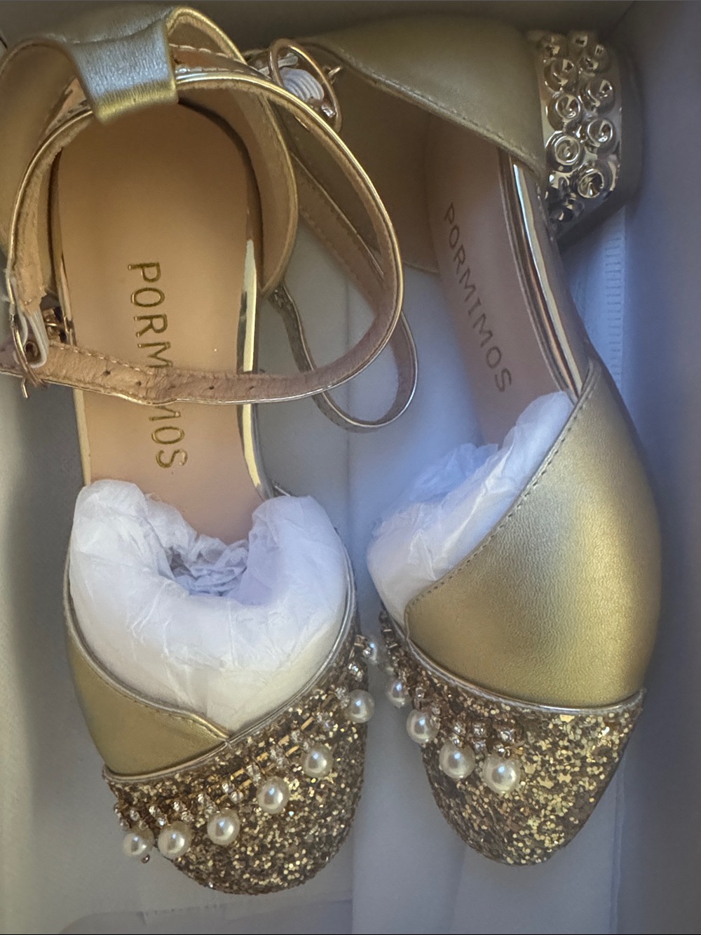 Marshalls Gold Pearl & Glitter Ankle-Strap Flats